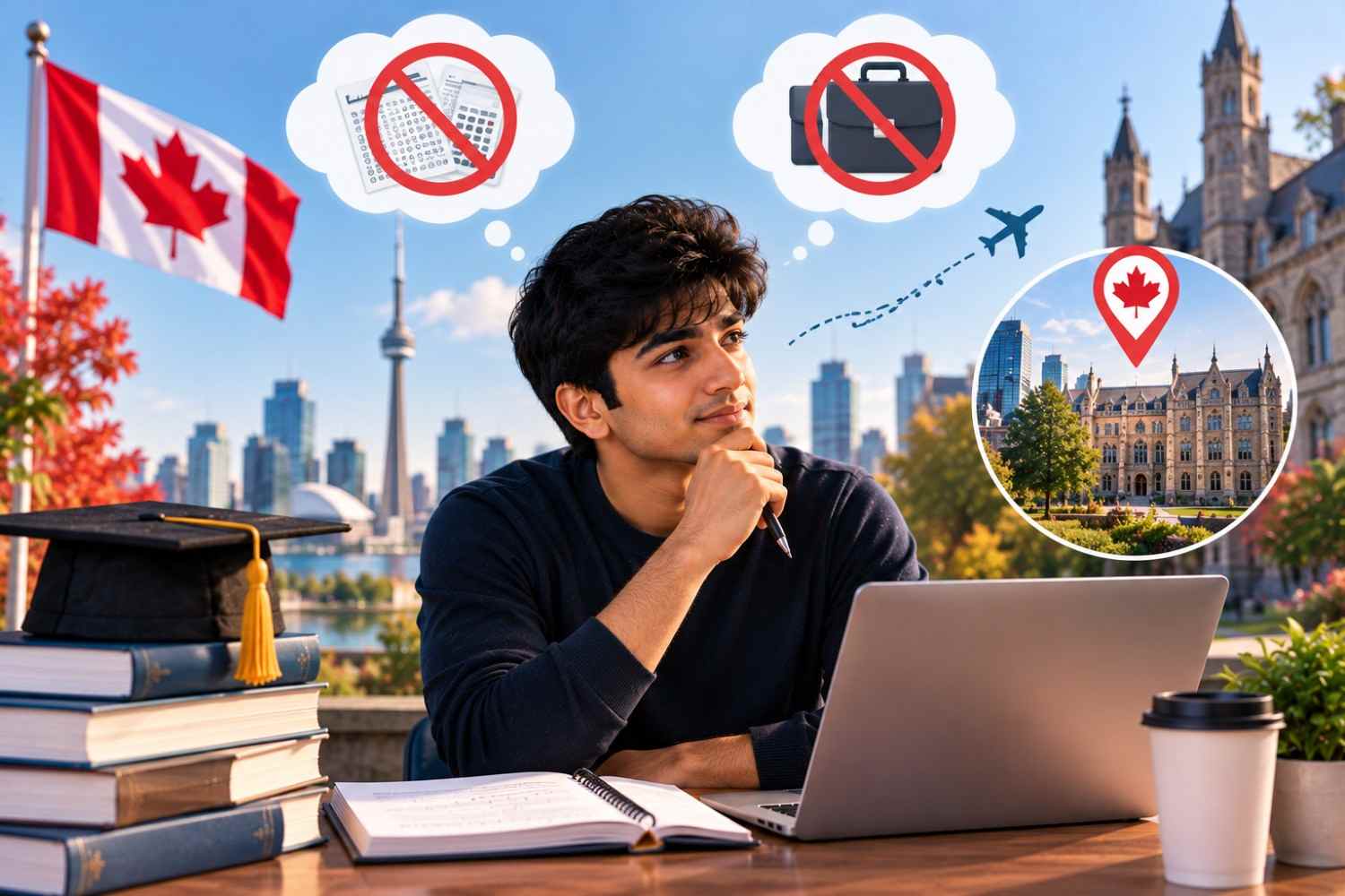 Alt text: South Asian student considering an MBA in Canada with symbols indicating no GMAT and no prior work experience, alongside Canadian landmarks, campus imagery, laptop, books, and graduation cap.